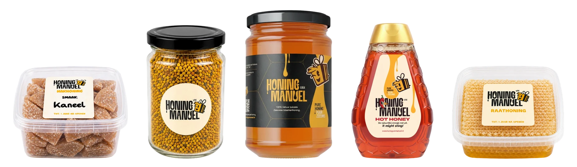 Alle producten van Honing van Manuel naast elkaar: hakhoning, bijenpollen, Zeeuwse honing, hot honey en raathoning